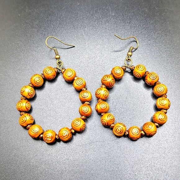 Wooden Beaded Hoop Earrings boho jewelry - Picture 1 of 2
